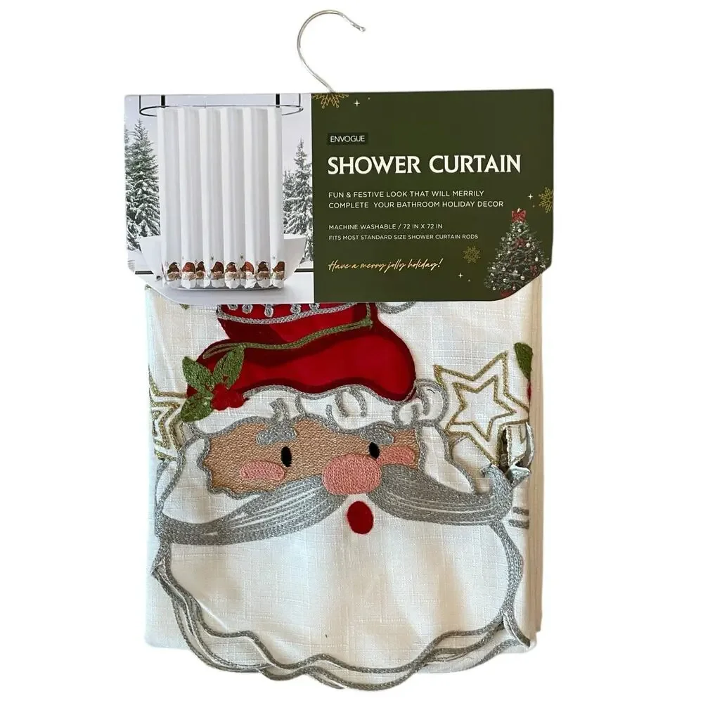 Envogue Embroidered SANTA Christmas Shower Curtain 72x72 Holiday NEW